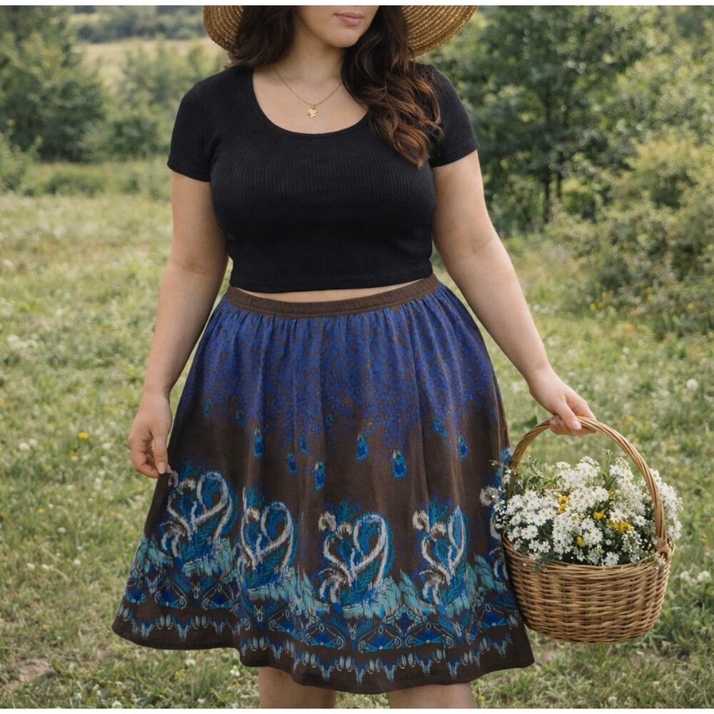 Lane Bryant 18 Boho Blue Brown Midi Skirt Artsy Print Cottagecore